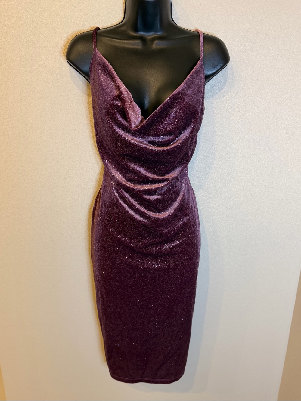 IRIS Mauve Purple Glitter Velvet Cowl Neck Midi Dress Large Y2K Style